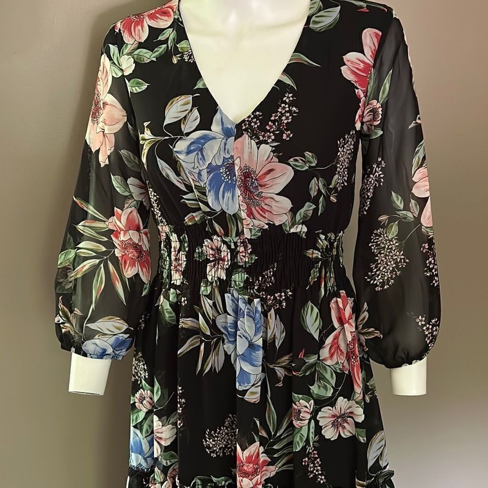 Just Taylor Chiffon A Line Dress Black Floral